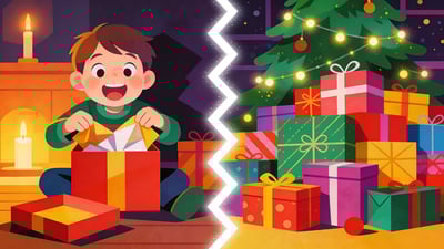 Ilustrație împărțită: un copil desfăcând entuziasmat cadouri în Ajun versus o grămadă imensă de cadouri sub brad în dimineața de Crăciun