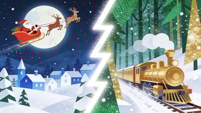 Ilustrație împărțită: sania roșie a lui Moș Crăciun zburând peste un sat înzăpezit versus un tren auriu traversând o pădure de iarnă strălucitoare