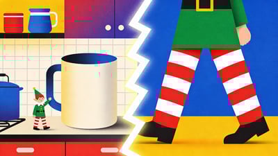 Ilustrație împărțită: o persoană mică cât un elf stând pe blatul bucătăriei lângă o cană versus o persoană mergând cu picioare gigant de acadea roșie-albă