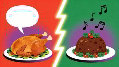 Ilustrație împărțită: un curcan fript pe platou cu un balon de vorbire versus un budincă de Crăciun pe farfurie cu note muzicale plutind