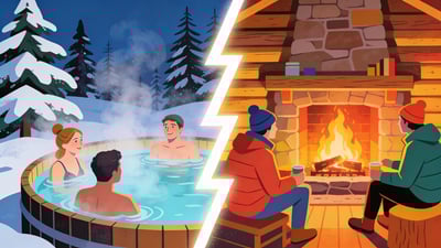 Ilustrație împărțită: oameni într-un jacuzzi fierbinte în zăpadă versus prieteni adunați lângă un șemineu într-o cabană caldă
