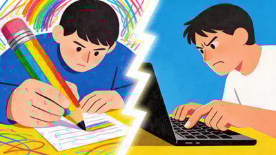 Ilustración dividida: una persona escribiendo con un crayón colorido versus una persona escribiendo con un dedo en una computadora portátil