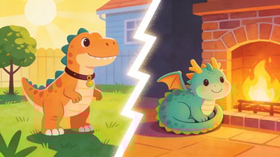 Ilustración dividida: un dinosaurio mascota amigable en un patio trasero versus un dragón mascota amigable junto a una chimenea