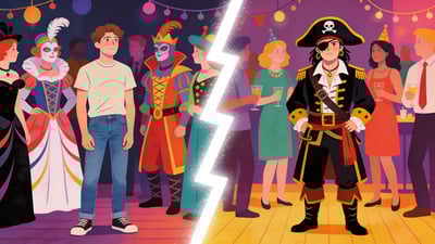 Ilustración dividida: una persona con ropa casual en una fiesta de disfraces versus una persona con un disfraz de pirata en una fiesta regular