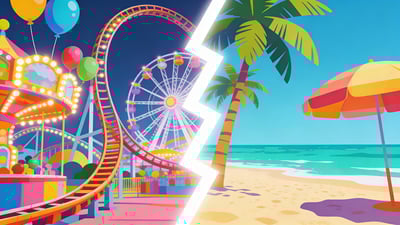 Ilustración dividida: un parque de atracciones vibrante con montañas rusas versus una playa soleada con palmeras