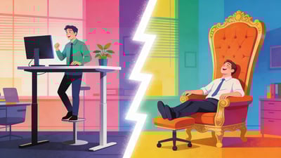 Ilustración dividida: una persona en un escritorio moderno de pie versus una persona en una silla de oficina ultra cómoda