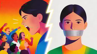 Ilustrație împărțită: persoană spunând adevăruri dure unei mulțimi versus persoană cu gura sigilată într-un vid