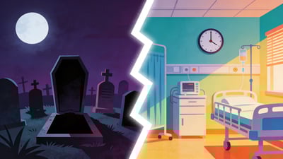 Ilustrație împărțită: cimitir umbrit cu un mormânt deschis noaptea versus cameră de spital cu un ceas pe perete