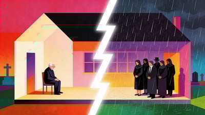 Ilustrație împărțită: figură vârstnică solitară stând într-o casă goală versus grup de îndoliați stând în ploaie