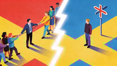 Ilustrație împărțită: persoană stând între două grupuri care o trag în direcții opuse versus persoană singură la o răscruce morală