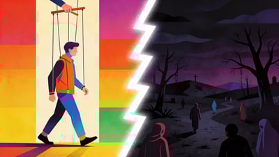 Ilustrație împărțită: sfori de marionetă atașate de o persoană versus peisaj sumbru de viață de apoi cu suflete rătăcitoare