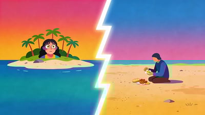 Ilustrație împărțită: insulă pustie cu o figură cu privirea sălbatică versus persoană singură raționalizând ultimele resturi pe un țărm sterp