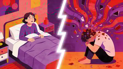 Ilustrație împărțită: persoană trezindu-se confuză într-o cameră necunoscută versus persoană copleșită de amintiri dureroase învârtindu-se