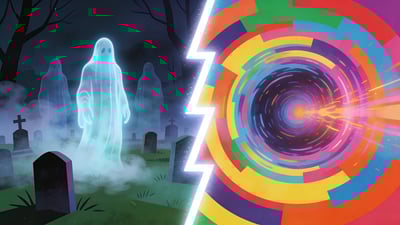 Разделённая иллюстрация: призрачные эфирные духи на туманном кладбище versus вращающийся красочный портал в другое измерение