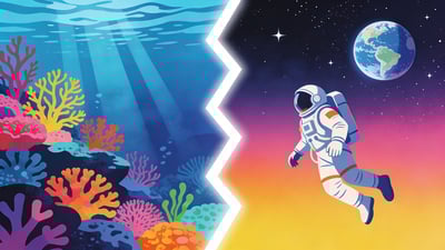 Разделённая иллюстрация: сцена глубокого океана с кораллами и лучами света versus космонавт, парящий в космосе
