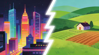 Разделённая иллюстрация: оживлённый городской горизонт ночью versus мирная деревня с домиком