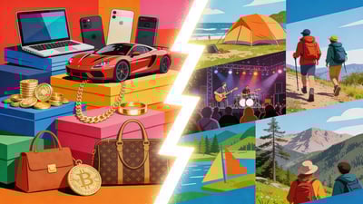 Разделённая иллюстрация: груды предметов роскоши versus монтаж путешествий и приключений на природе