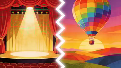 Would you rather be the star of a burlesque show or go on a hot air balloon ride? Ilustrație împărțită: o scenă de teatru glamuroasă cu reflector și perdele de catifea roșie versus un balon cu aer cald colorat deasupra unui peisaj de apus