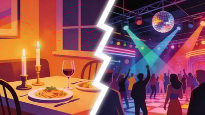 Would you rather have an intimate dinner at home or a wild night at the club? Ilustrație împărțită: o cină romantică la lumina lumânărilor acasă cu vin și paste versus un club de noapte iluminat neon cu glob disco și lumini laser