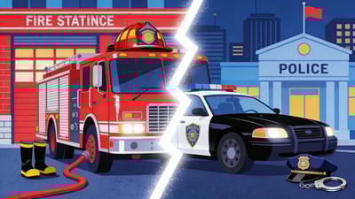 Would you rather role-play as firefighters or cops? Ilustrație împărțită: o mașină de pompieri roșie cu cască și echipament versus o mașină de poliție cu șapcă și insignă