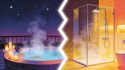Would you rather do it in a hot tub or a shower? Ilustrație împărțită: un jacuzzi exterior relaxant cu abur și cer înstelat versus un duș modern tip ploaie cu iluminare aurie caldă