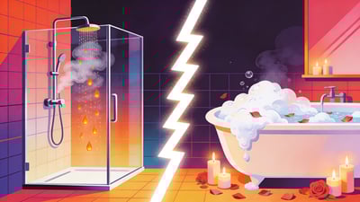 Would you rather have a shower together or a bubble bath? Ilustrație împărțită: un duș modern elegant din sticlă cu abur versus o baie luxoasă cu spumă, lumânări și petale de trandafir