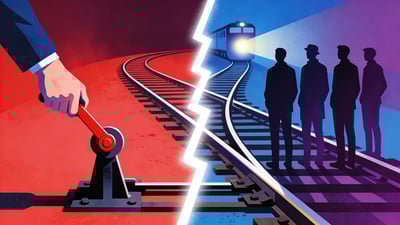 Ilustración dividida: una mano tirando de una palanca en un desvío de ferrocarril versus cinco figuras de pie sobre las vías del tren