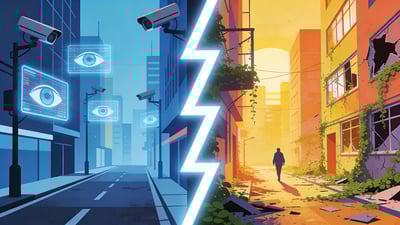Ilustración dividida: una ciudad futurista con cámaras de vigilancia versus un paisaje urbano caótico y descuidado con libertad