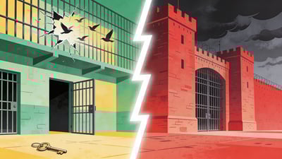 Ilustración dividida: una prisión vacía con puertas abiertas y pájaros volando libremente versus una enorme e imponente fortaleza prisión