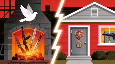Ilustración dividida: armas que se derriten en un horno con una paloma de la paz versus una casa con una caja fuerte para armas cerrada