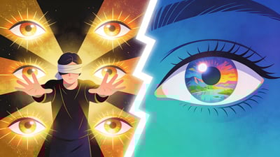 Ilustración dividida: una figura con los ojos vendados con cinco pares de ojos brillantes abriéndose versus un solo ojo bien abierto que refleja un paisaje