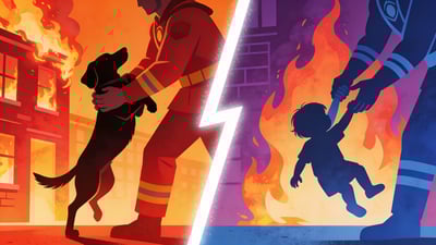 Ilustración dividida: un perro siendo sacado de un edificio en llamas versus un niño siendo rescatado de las llamas