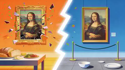 Ilustración dividida: una pintura destrozándose con comida apareciendo debajo versus una pintura de museo detrás de cuerdas de terciopelo con cuencos vacíos en el suelo