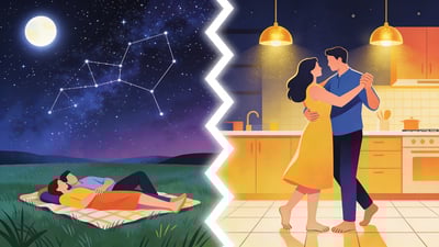 Ilustración dividida: observación de estrellas en una manta bajo el cielo nocturno versus baile lento en una cocina acogedora a medianoche