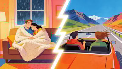 Ilustración dividida: acurrucarse en el sofá en un día lluvioso versus un viaje espontáneo por carretera a través de las montañas