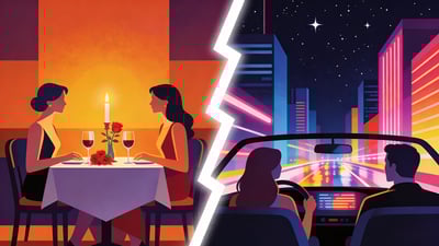 Ilustración dividida: una elegante cena a la luz de las velas para dos versus un paseo nocturno espontáneo por la ciudad