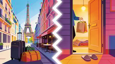 Ilustración dividida: un viaje sorpresa a París con la Torre Eiffel versus alguien que llega a tu puerta con comida para llevar
