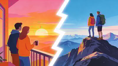Ilustración dividida: una pareja viendo la puesta de sol desde un balcón versus de pie en la cima de una montaña en un viaje de aventura