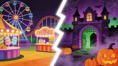 Ilustración dividida: un colorido parque de atracciones con una noria versus la entrada de una casa encantada espeluznante