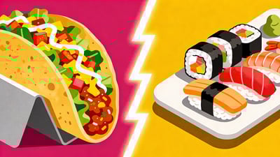 Ilustrație împărțită: un taco gigant cu toppings colorate versus o farfurie elegantă de rulouri de sushi
