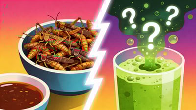 Ilustrație împărțită: un bol de insecte prăjite crocante cu sos versus un smoothie verde misterios cu semne de întrebare