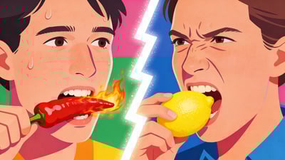 Ilustrație împărțită: o persoană transpirând mușcând dintr-un ardei roșu în flăcări versus o persoană cu fața strâmbată mușcând dintr-o lămâie galbenă