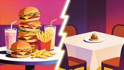 Ilustrație împărțită: o masă plină cu burgeri, cartofi prăjiți și milkshake-uri versus o masă elegantă de restaurant cu un preparat gourmet mic