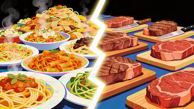 Ilustrație împărțită: o grămadă masivă de feluri de paste cu abur versus o masă cu fripturi groase și suculente