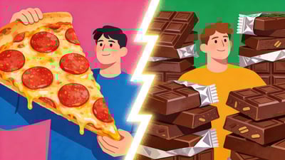 Ilustrație împărțită: o persoană ținând o felie gigantă de pizza versus o persoană înconjurată de stive de ciocolată