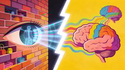 Rozdělená ilustrace: oko se zářícími rentgenovými paprsky versus mozek s barevnými myšlenkovými vlnami