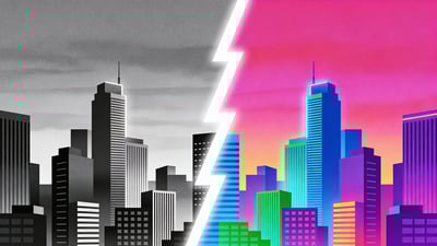 Rozdělená ilustrace: město v černobílých odstínech versus stejné město v živých neonových barvách