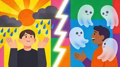 Rozdělená ilustrace: ovládání slunečního svitu a dešťových mraků versus přátelští kreslení duchové vznášející se kolem