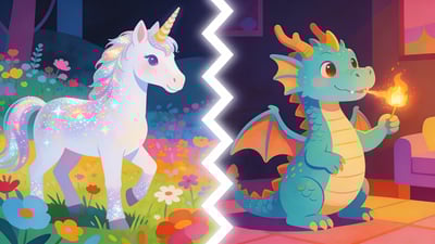 Rozdělená ilustrace: třpytivý jednorožec na louce versus přátelský drak vydechující malý plamínek