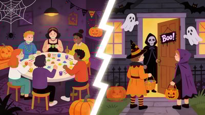 Ilustrație împărțită: un grup jucând un joc la o petrecere decorată înfricoșător versus copii la ușa unei case bântuite